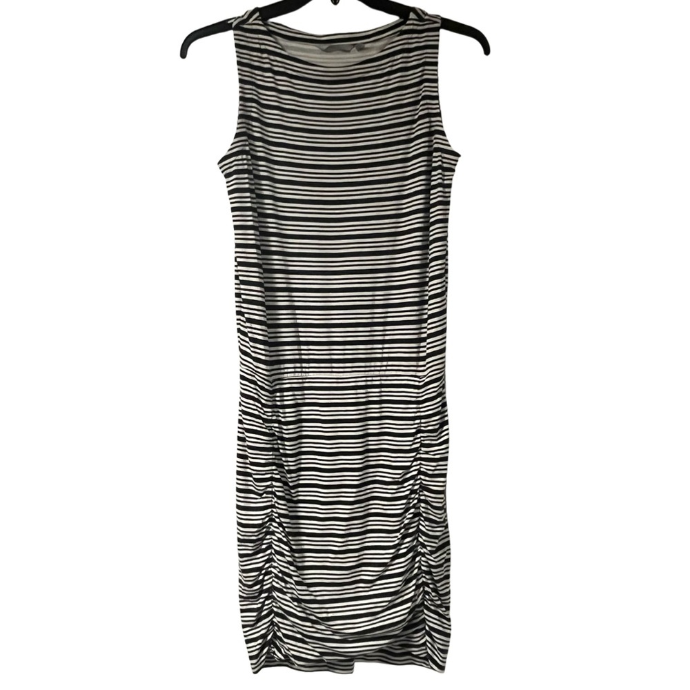 Athleta Black and White Striped Sleeveless Boatneck Ruched Athletic Dress